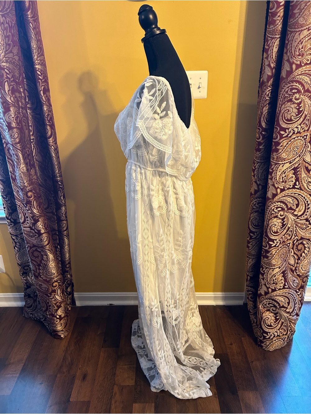White Lace Maxi Dress with Sheer Overlay - Elegant Women's Dress - Picture 3 of 6